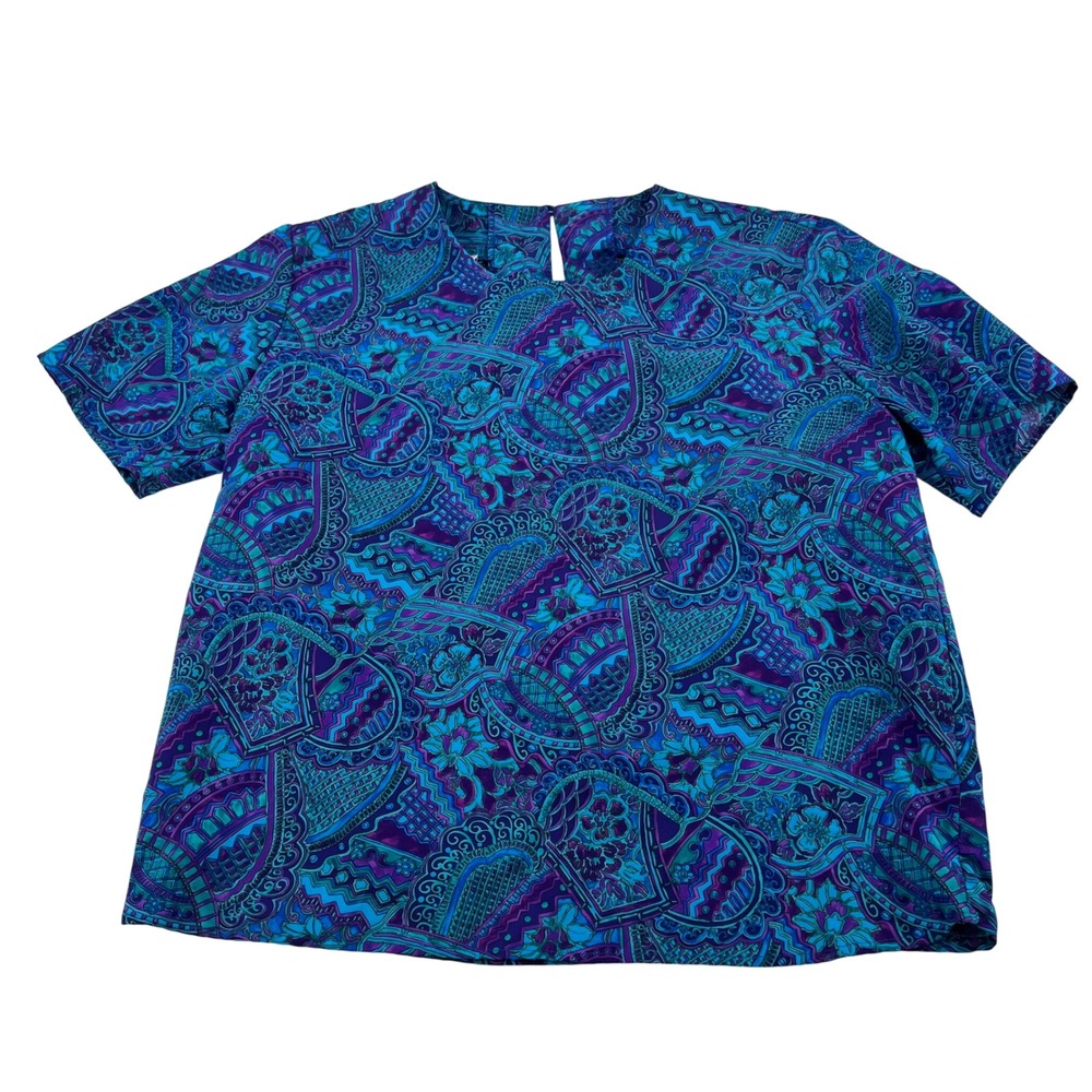 Illustration Vintage Womens Petite 4 Blue Purple Paisley Short Sleeve Blouse USA